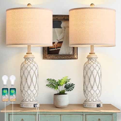Ireliare 28-Inch Beige Farmhouse Table Lamps Set of 2 with USB Charging & Touch Dimmable Nightstand Lamps