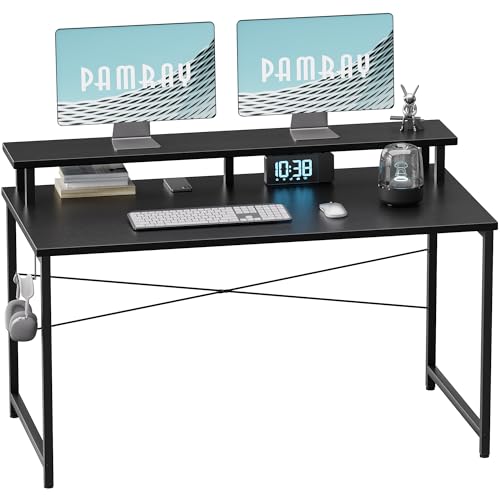Small Computer Desk with Monitor Stand & Headphone Hook - 47 Inch Black, Space-Saving Office Desk for Kids & Small Rooms
