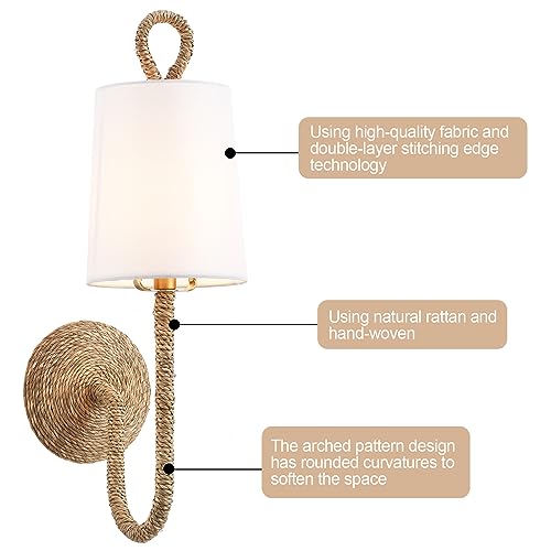 White Rattan Wall Sconce Set of 2 with Wicker Shade Boho Farmhouse Decor