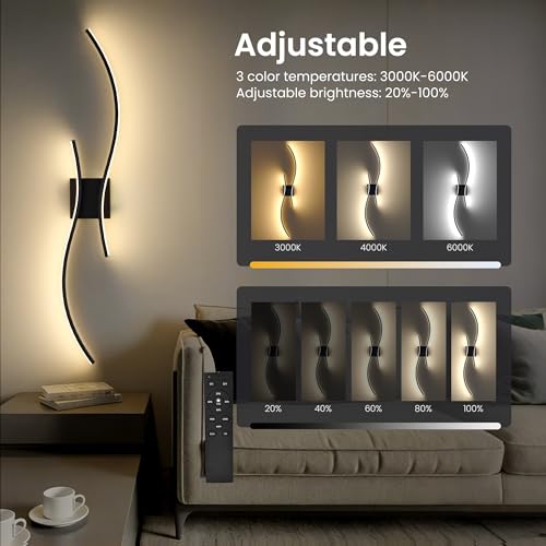 Battery Operated Wall Sconces Set of 2 - 31.5 Inch Black, Cordless, Dimmable, Remote Control