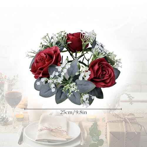 2 Pack Christmas Candle Rings Wreaths,Artificial Rose Floral Wreaths with Eucalyptus Leaves Greenery Small Wreath for Pillar Cabinet Wedding Centerpiece Party Home Table Decor (Red)
