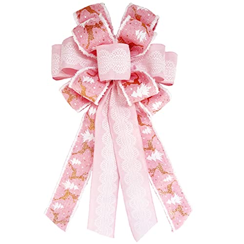 SONGTIY Large Pink Christmas Tree Topper Bow - Handmade Holiday Decoration