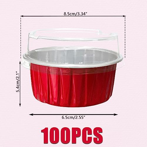 Augoog 100Pcs 5oz Aluminum Cupcake Cups with Lids - Red Bakeware Muffin Liners for Party Catering