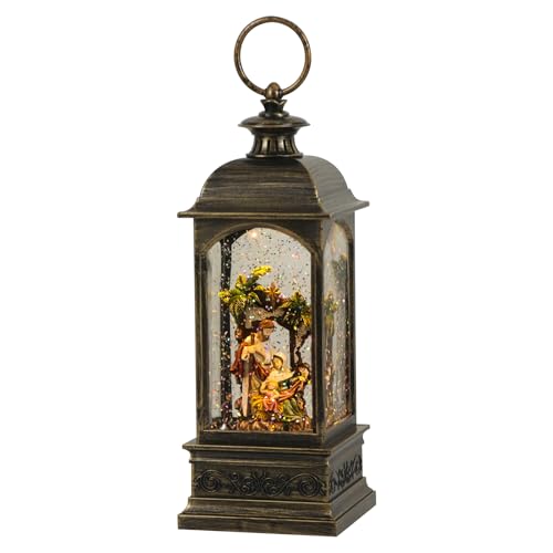 Eldnacele Bronze Nativity Snow Globe Lantern with 6 Hour Timer - USB/Battery Operated