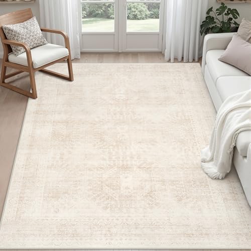 Luxturiy 6x9 Beige Area Rug - Machine Washable Low-Pile Living Room Carpet