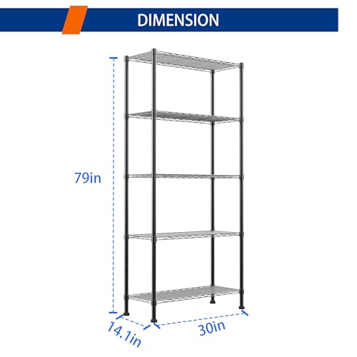 Adjustable Wire Shelving Storage Rack - Black, 5 Tiers, 14.1"D x 30"W x 79"H
