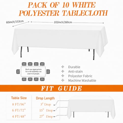 WIGENIUS 10 Pack White Table Cloth Rectangle 60X102 Inch Tablecloth