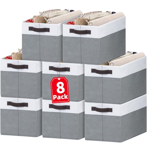 Criusia Large Storage Baskets 8 Pack - White with Grey, 14x10x9.5 Inches Closet Organizers