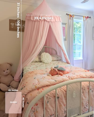 Large Peach Pink Bed Canopy for Girls with Star Lights - 39.4"x106"
