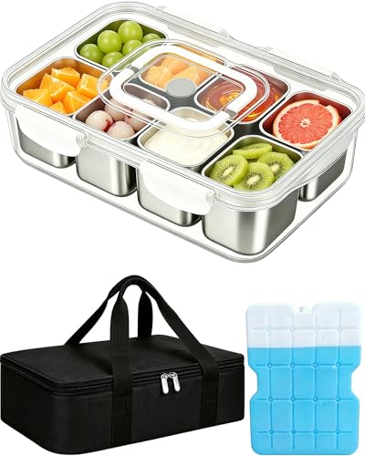 Stainless Steel Snackle Box with Ice Pack - 8-Compartment Large Travel Snack Tray, Silver White