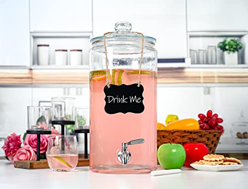 2 Gallon Glass Beverage Dispenser with Stainless Steel Spigot & Chalkboard Marker - Leakproof Drink Server for Parties & Home Use