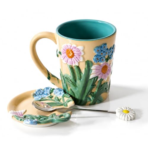 Beige 19 oz Floral Ceramic Mug with Lid & Spoon - Hand-Painted Coffee Cup