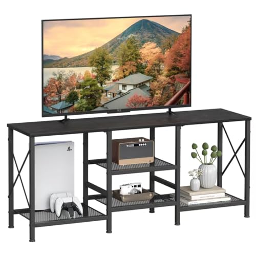 Black TV Stand for 55 Inch TVs with 3-Tier Open Shelves and Storage