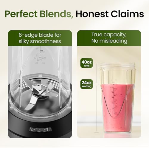 Personal Smoothie Blender with 24oz To-Go Cup - 1000W Compact Black