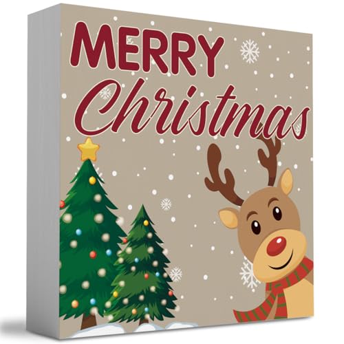 Reindeer Merry Christmas Sign Christmas Decorations for Home Office Desk Table Shelf 5 x 5 inch