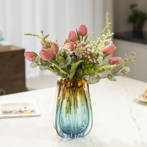 Modern Hand Blown Glass Flower Vase - Unique Art Deco Home Decor, 9.45 Inches