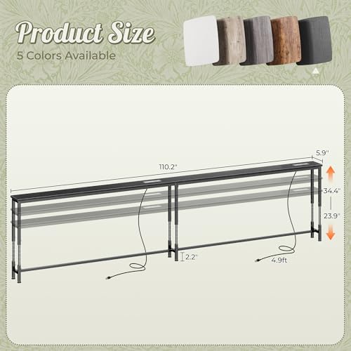 110.2-Inch Adjustable Sofa Table with Power Outlets - Black / 23.9-34.4" H