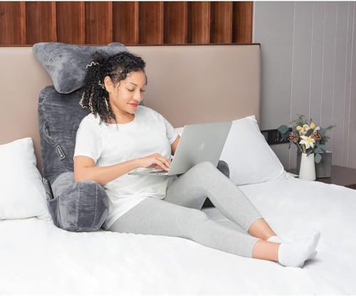 Extra Large Reading Pillow with Neck Roll - Dark Grey Bed Rest Cushion for Bed & Couch