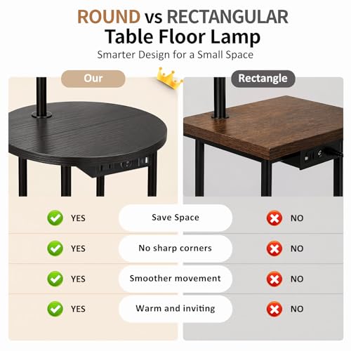 ONEWISH Black Floor Lamp with Table and USB-C Charging Ports - Modern Nightstand & Reading Light
