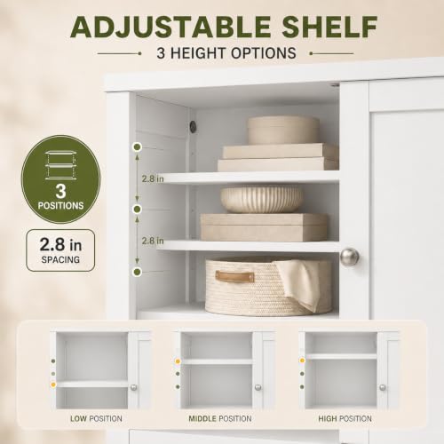 Nuturelly Bathroom Floor Storage Cabinet - Snowy White, 4-Door, Anti-Tip