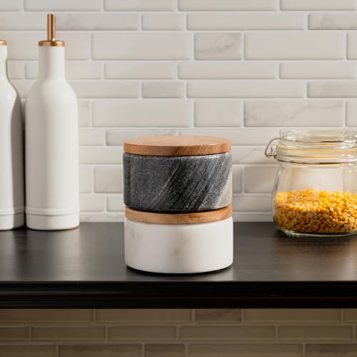 Marble Salt and Pepper Bowls Set with Wooden Lids & Spoons – Elegant Kitchen Accessories