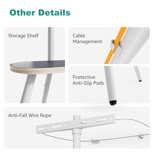 ECOTINY White Metal Tripod TV Stand for 43-65 Inch Flat Screen TVs with Swivel & Wooden Shelf