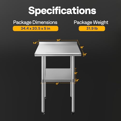VIVOHOME 24 x 18 Inch Stainless Steel Work Table with Backsplash & Wheels, Height-Adjustable Shelf