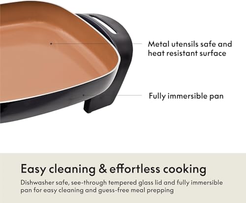 BELLA 12x12 Copper Electric Skillet & Frying Pan with Glass Lid, Non-Toxic