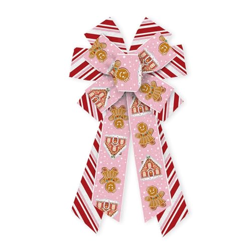 ABTOLS Pink Gingerbread Christmas Wreath Bow 11.4in x 20.8in, Red White Stripe Burlap Front Door Decor