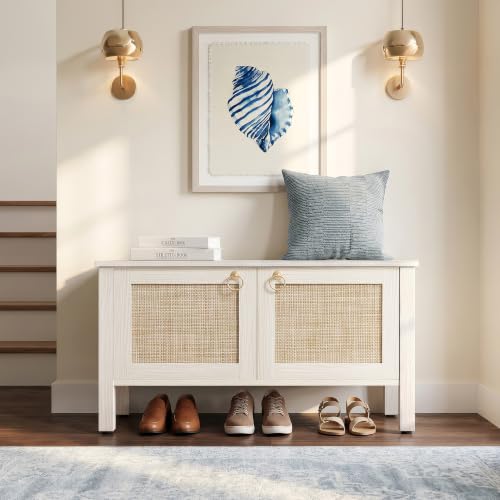 SICOTAS Rattan Storage Bench Boho Chest with Safety Hinges - White Cream Oak, 32.2" Wide