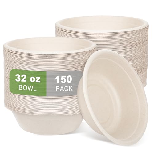 32oz Disposable Paper Bowls - 150 Pack Large Biodegradable Soup Bowls