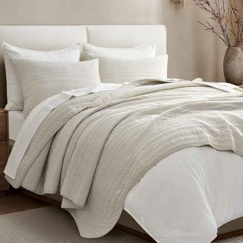 King Size Cotton Quilt Set Birch - Modern Lines Design, 100% Soft Breathable Bedding