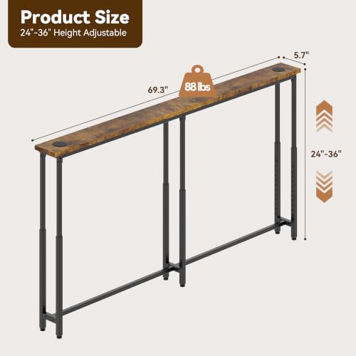 Rustic Brown 69.3-Inch Behind Couch Console Table Adjustable Height 24-36"