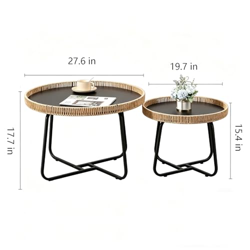 Nesting Coffee Table Set of 2 - Modern Wicker & Metal Side Tables, 27.6 & 19.7 inch