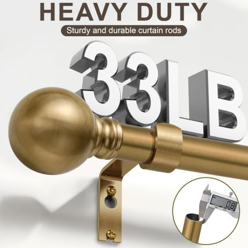 Immiehh Warm Gold Curtain Rod 72-144 Inch Heavy Duty Brass Support with Finials - Adjustable Window Rod