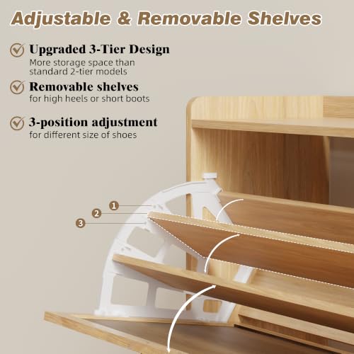 Natural Shoe Storage Cabinet with Flip Drawers & Slim 3-Tier Rack - Small Entryway Organizer
