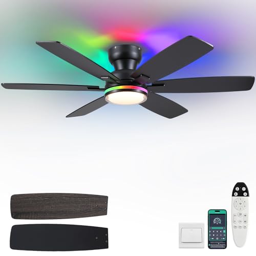 Kviflon 52-Inch Black RGB Ceiling Fan with Remote & APP, 6 Blades, 3CCT Light