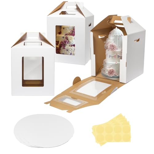 Tall Cake Boxes 14x14x16 Inches with Cake Boards - 3 Pack for Tiered Cakes