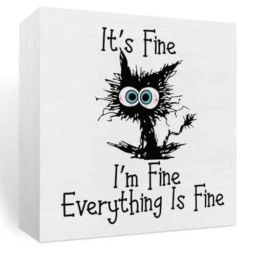 Funny Office Decor Funny Black Cat It's Fine I'm Fine Everything is Fine Wood Box Sign Desk Decoration Cat Desk Accessories Gift for Colleague Gifts Decoration Sign for Office
