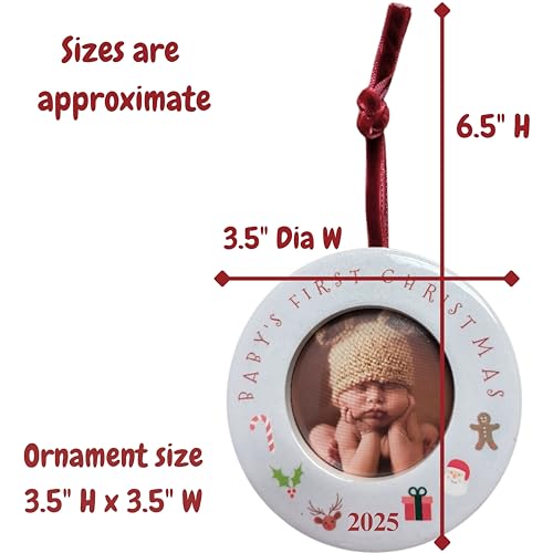 BANBERRY DESIGNS Baby's First Christmas Photo Ornament - 2025 - Picture Ornament for Newborns - 3.5" Dia - Hangs on Tree or Sits with Easel Back - Holds 2" Dia Photo