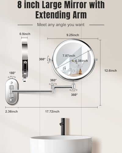 Chrome 8-Inch Wall Mounted Lighted Magnifying Makeup Mirror - 30X/1X Double-Sided with Adjustable Brightness