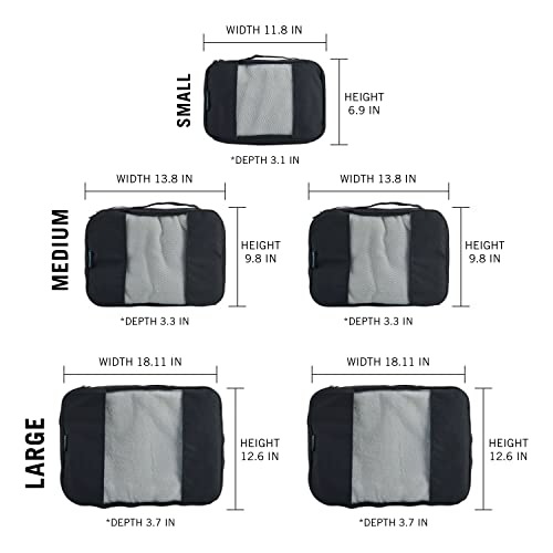 Travel Wise 5-Piece Packing Cubes Set in Black Ripstop Nylon Organizer
