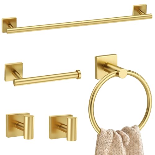 Brushed Gold Bathroom Hardware Set - 5 Pieces Stainless Steel Towel Racks & Accessories
