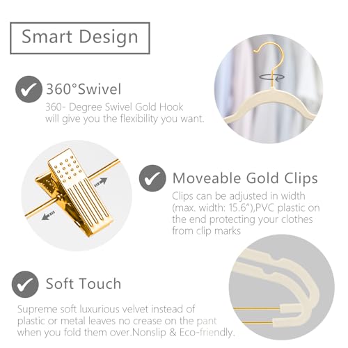 Ivory/Gold Velvet Pants Hangers Pack of 20 - Adjustable Clips, Non-Slip Slim Skirt Hangers