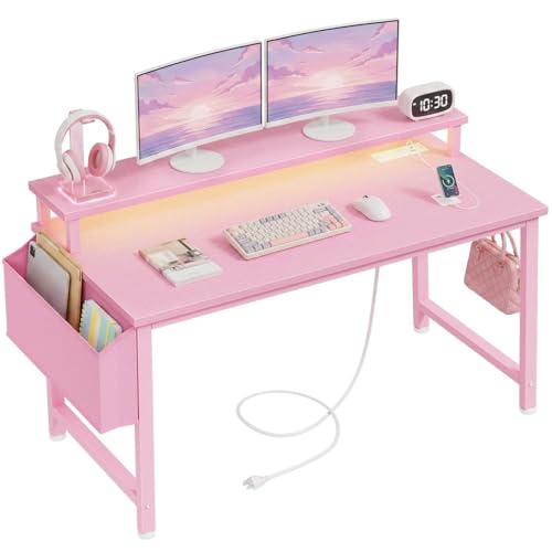 Pink Girls Gaming Desk with LED Lights & Power Outlets - 39.4 Inch Home Office Computer Table with Monitor Stand