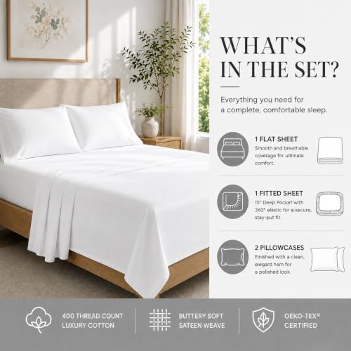 Queen Size Egyptian Cotton Sheets Set 400TC White - CHATEAU HOME COLLECTION