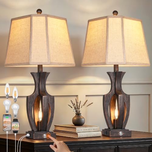 Farmhouse Table Lamps Set of 2 - 26 Inch Dimmable Nightstand Lamps with USB Ports - Bronze