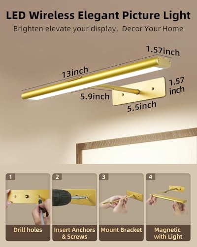 13-Inch Gold Rechargeable Wireless Picture Lights Set of 2 with Remote