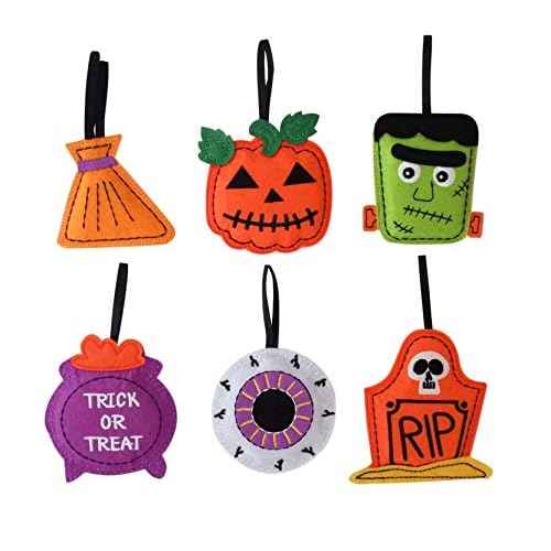 Halloween Ornaments - Set of 6 Plush Felt Handmade Decor - Broom, Jack-o'-Lantern, Frankenstein, Witchcraft, Eyeball, RIP Tomb Design - Halloween Ornaments for Tree