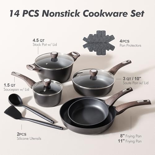 SENSARTE Classic Black Non-Stick Cookware Set 14 Pcs Induction Safe Kitchen